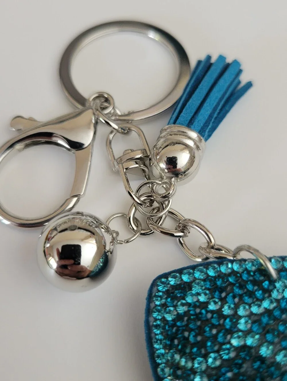 NWT Large Ocean Blue Mermaid Tail Keychain Bag Charm Beautiful, Tassel, Silver
